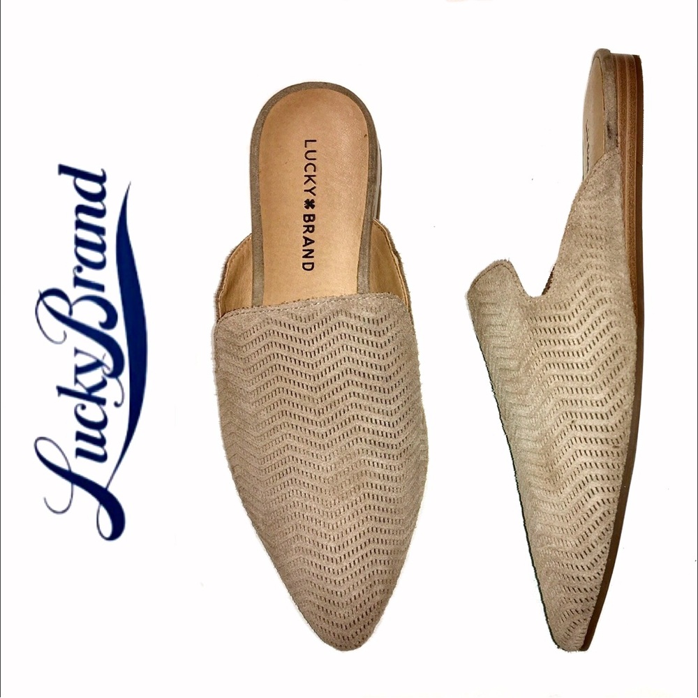 NWT! LUCKY BRAND taupe suede Brynnuh slides